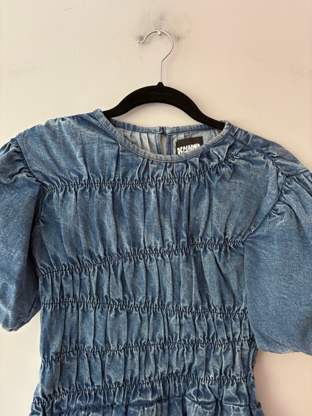 Reclaimed Vintage Blue Denim Puff-Sleeve Shirred Top - Picture 6 of 13